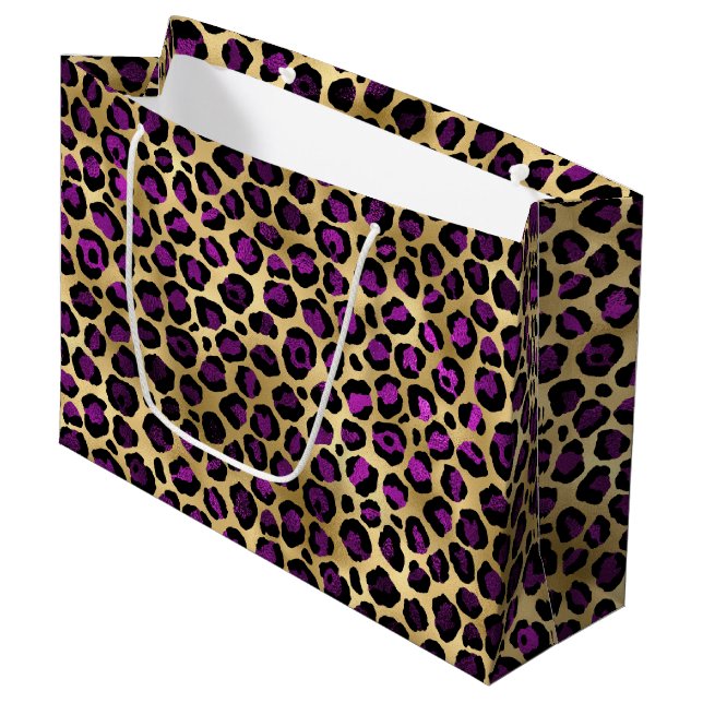 Sacola Para Presentes Grande Série Leopardo roxa e Dourada Design 4 (Frente inclinada)