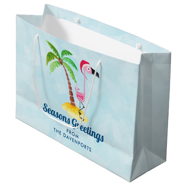 Sacola Para Presentes Grande Sessões saudações Flamingo Rosa Rosa em Santa Hat (Frente inclinada)