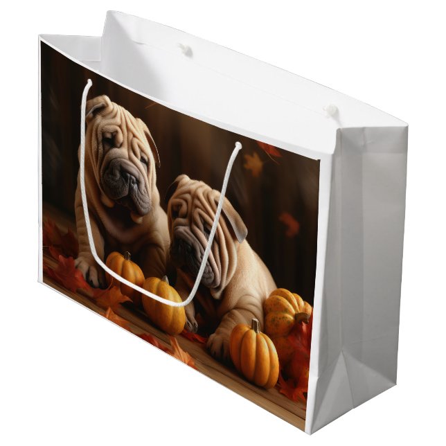 Sacola Para Presentes Grande Shar Pei Puppy Autumn Delight Pumpkin (Frente inclinada)