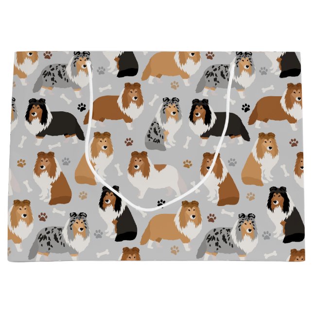 Sacola Para Presentes Grande Sheltie Dog Bones and Paws Large Gift Bag (Frente)