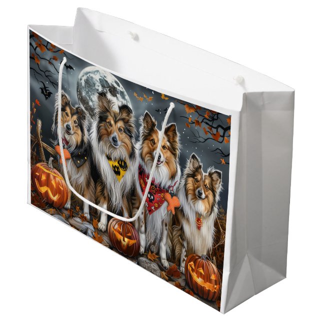 Sacola Para Presentes Grande Shetland Sheepdog Halloween Spooky (Frente inclinada)