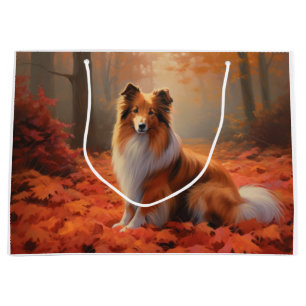Sacola Para Presentes Grande Shetland Sheepdog nas Folhas de Outono Caídas Insp