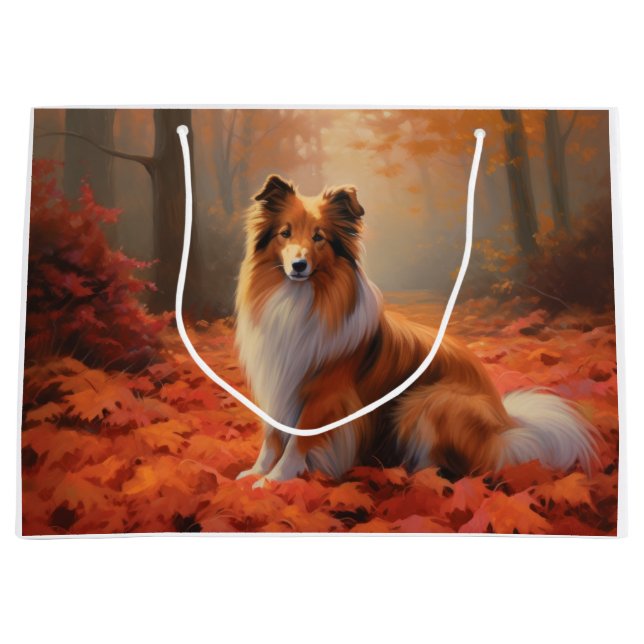 Sacola Para Presentes Grande Shetland Sheepdog no outono deixa cair inspiração (Frente)