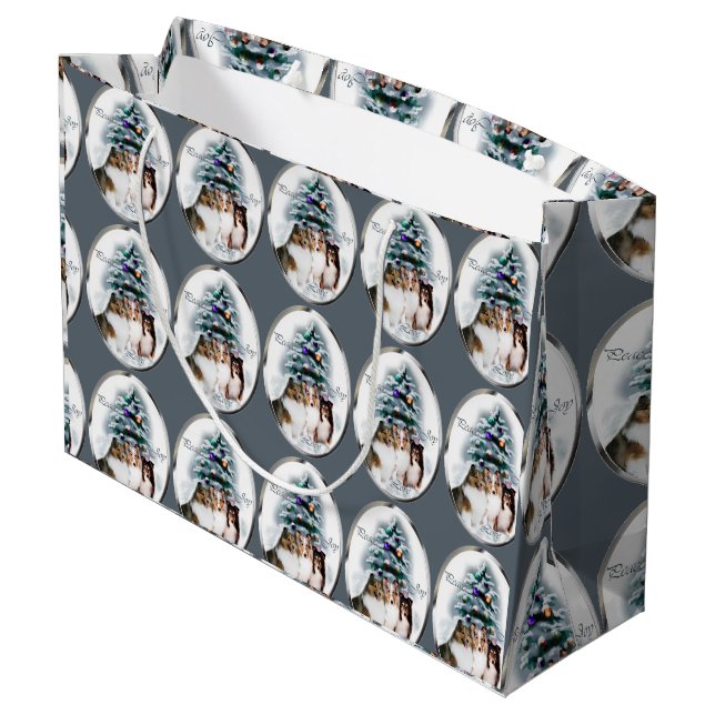 Sacola Para Presentes Grande Shetland Sheepdog Trio de Natal (Verso inclinado)