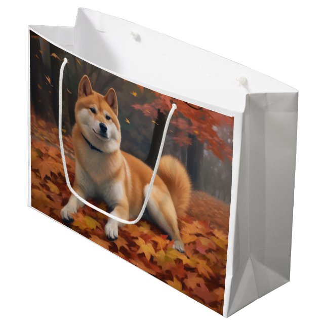 Sacola Para Presentes Grande Shib Inu no outono deixa cair inspiração (Frente inclinada)