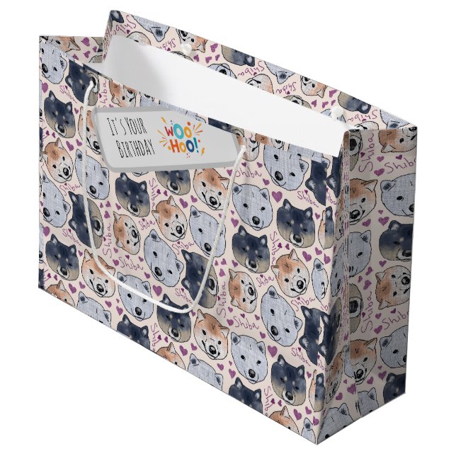 Sacola Para Presentes Grande Shiba Inu Cabeça De Cartoon Desenhada À Mão (Frente inclinada)