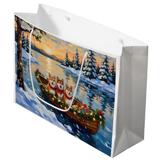 Sacola Para Presentes Grande Shiba Inu Christmas Boat Holiday (Frente inclinada)