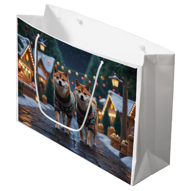 Sacola Para Presentes Grande Shiba Inu Dogs Christmas Snow Holiday (Frente inclinada)