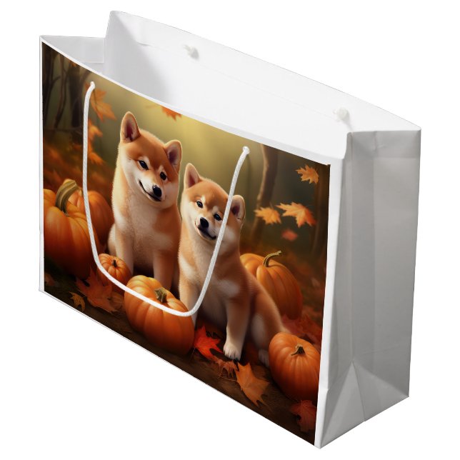 Sacola Para Presentes Grande Shiba Inu Puppy Autumn Delight Pumpkin (Frente inclinada)