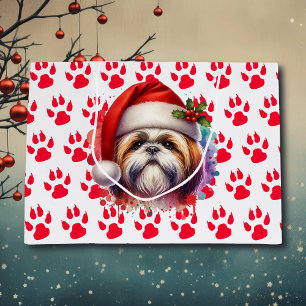 Sacola Para Presentes Grande Shih Tzu Dog no Natal de Santa Hat