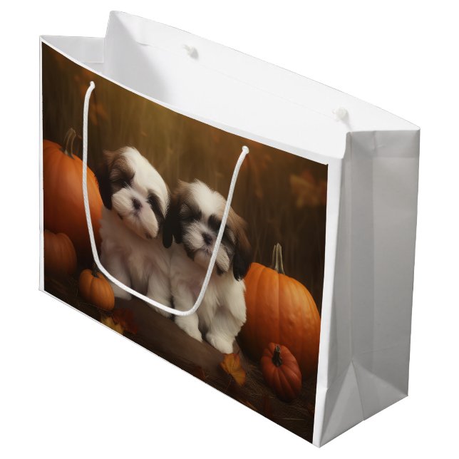 Sacola Para Presentes Grande Shih Tzu Puppy Autumn Delight Pumpkin (Frente inclinada)