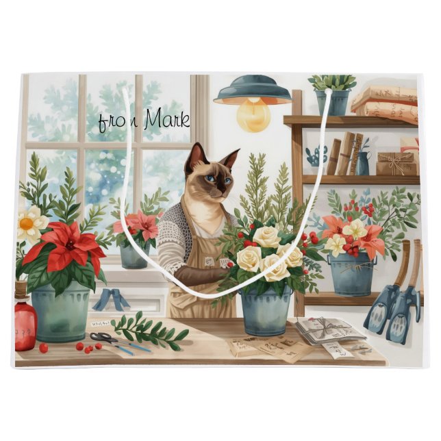 Sacola Para Presentes Grande Siamese Cat arranging Flowers Winter Christmas  (Frente)