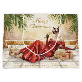 Sacola Para Presentes Grande Siamese Cat Glam Christmas Sipping Champagne