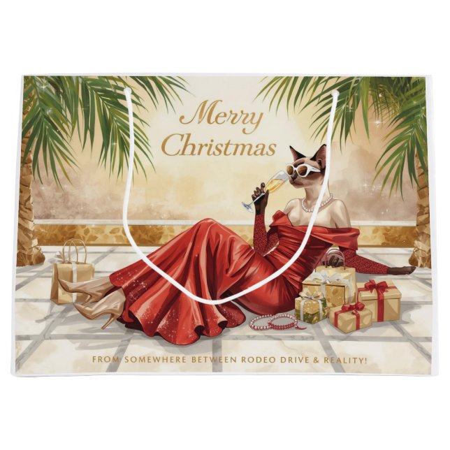 Sacola Para Presentes Grande Siamese Cat Glam Christmas  Sipping Champagne  (Frente)