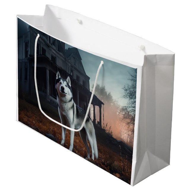 Sacola Para Presentes Grande Siberian Husky Halloween Scary (Frente inclinada)