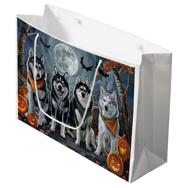 Sacola Para Presentes Grande Siberian Husky Halloween Spooky (Frente inclinada)