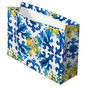 Sacola Para Presentes Grande Siciliano,verão,limão,mosaico,azul