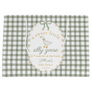 Sacola Para Presentes Grande Silly Goose Green Gingham Cottagecore Baby Shower 