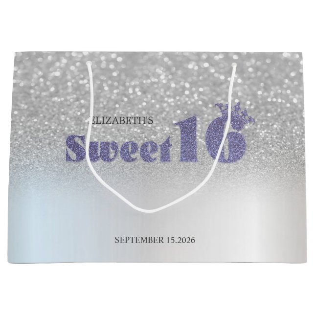 Sacola Para Presentes Grande Silver Glitter Bokeh Sweet 16 Crown (Frente)
