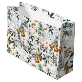 Sacola Para Presentes Grande Sinos Dourados Elegantes e Padrão Floral Branco de