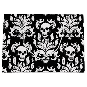 Sacola Para Presentes Grande Skull Flame Damask in stark white on black (Damasc