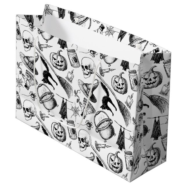 Sacola Para Presentes Grande Skulls Pumpkins Broomsticks Bats Halloween (Frente inclinada)