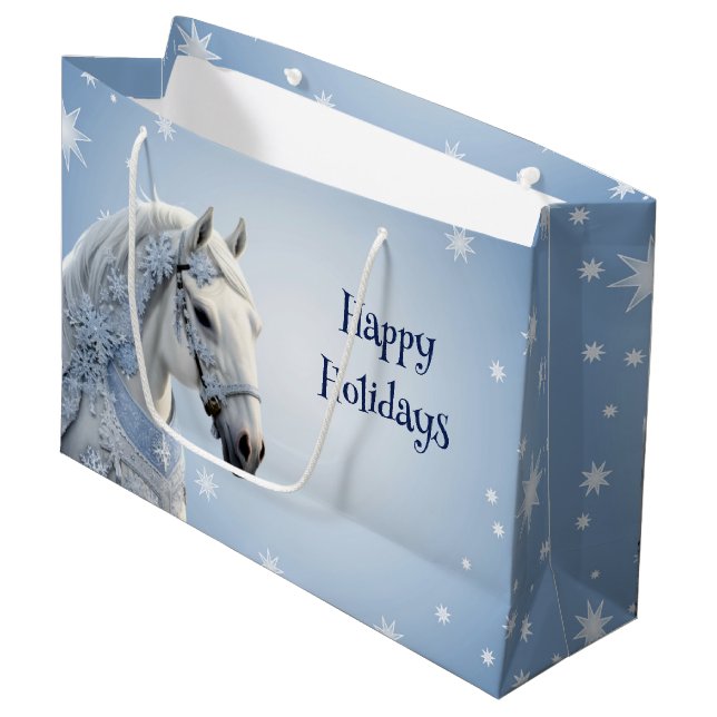 Sacola Para Presentes Grande Snowflakes Horse Holiday Christmas Gift Bag (Frente inclinada)