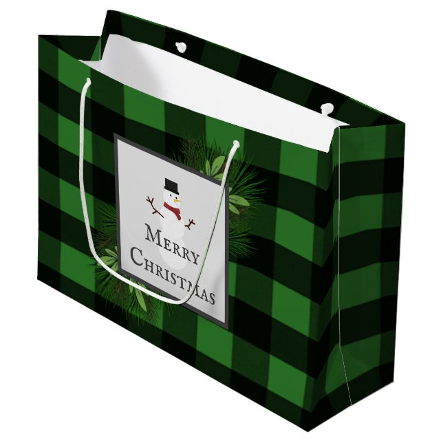 Sacola Para Presentes Grande Snowman Green Buffalo Xadrez Gift Bag (Frente inclinada)
