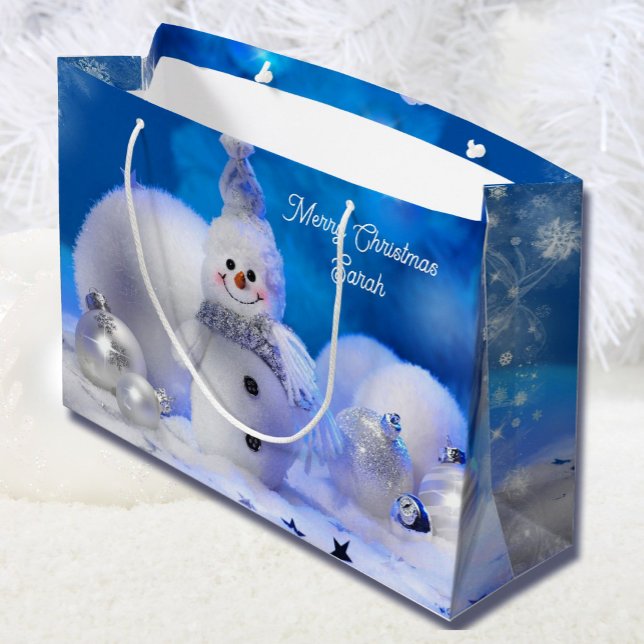 Sacola Para Presentes Grande Snowman Sorriso Adicionar Nome Neve de Natal (Criador carregado)