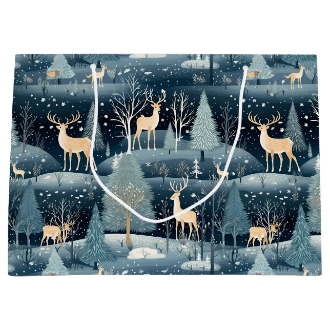Sacola Para Presentes Grande Snowy Night Deer Field (Frente)