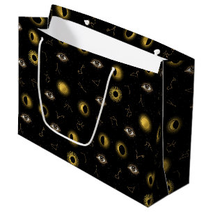 Sacola Para Presentes Grande Sol Celestial Dourado Negro e Lua