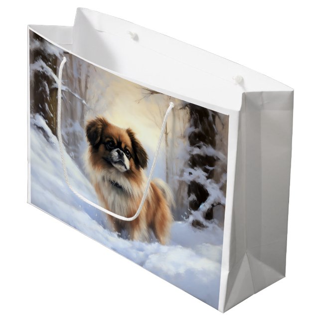Sacola Para Presentes Grande Spaniel Tibetano Deixe Nevar Natal (Frente inclinada)