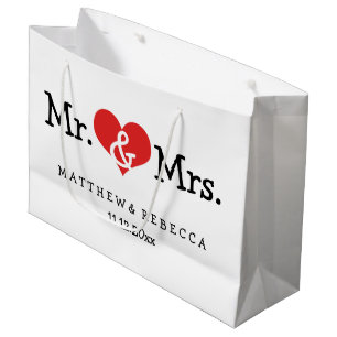 Sacola Para Presentes Grande Sr. e Sra. Vermelho Coração Casamento Personaliz