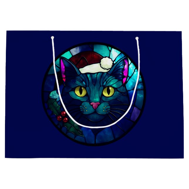 Sacola Para Presentes Grande Stained-Glass Christmas Black Cat In Red Hat (Frente)