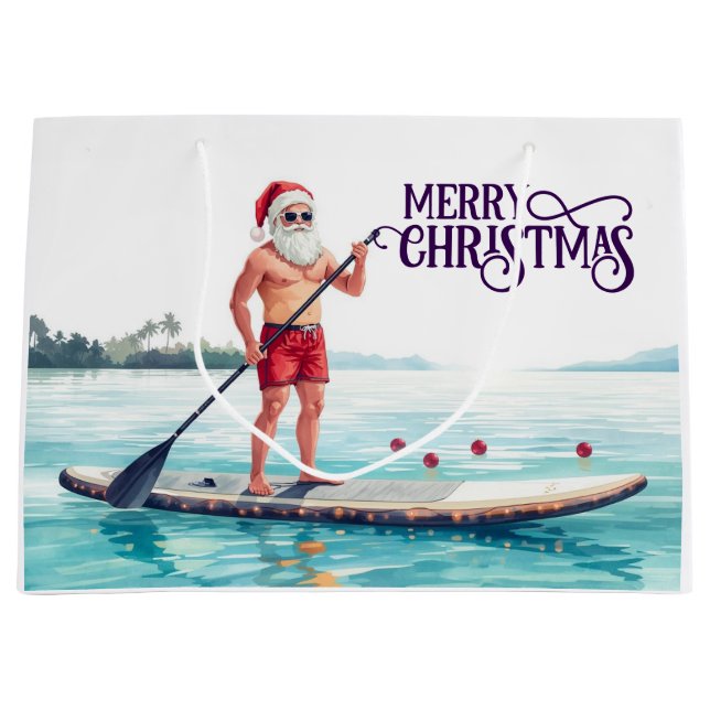 Sacola Para Presentes Grande Stand-Up Paddle Santa — Coastal Christmas Holiday (Frente)