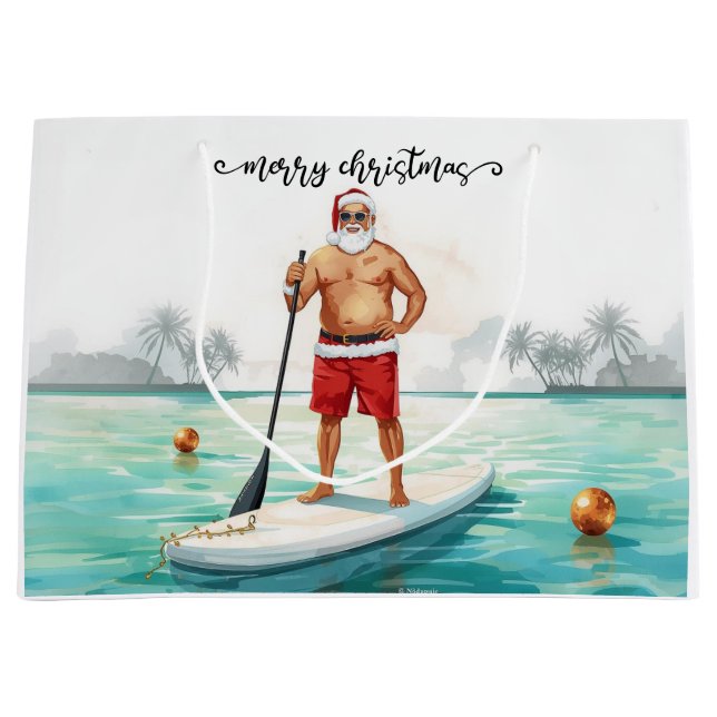 Sacola Para Presentes Grande Stand-Up Paddle Santa — Coastal Christmas Holiday (Frente)