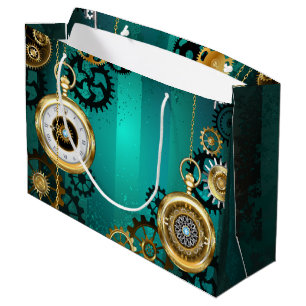 Sacola Para Presentes Grande Steampunk Jewelry Watch em um fundo verde
