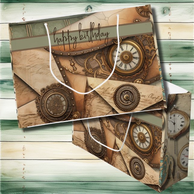 Sacola Para Presentes Grande Steampunk | Relógios | Artes | Livros | Vitoriano (Steampunk gears and clocks on customizable large gift bags for birthdays and special occasions. )