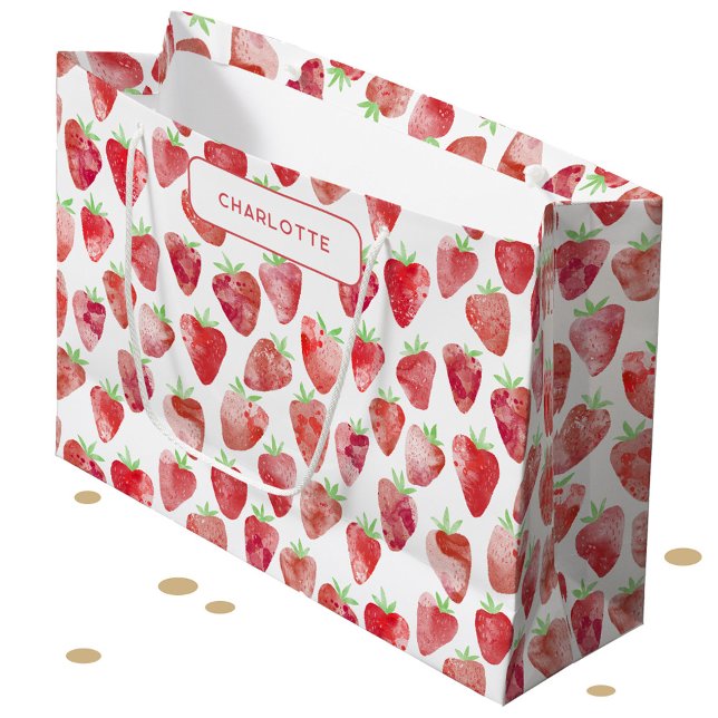 Sacola Para Presentes Grande Strawberry Watercolor Personalizada (Sweet strawberry watercolor pattern personalized name gift bag)