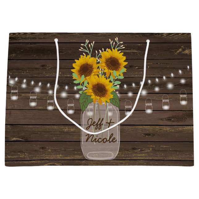 Sacola Para Presentes Grande Sunflower Country Wood Mason Jar Wedding (Frente)