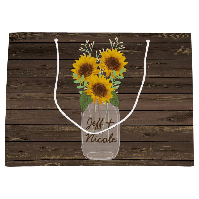 Sacola Para Presentes Grande Sunflower Country Wood Mason Jar Wedding (Frente)