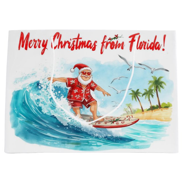 Sacola Para Presentes Grande Surfing Santa Merry Christmas from Florida (Frente)