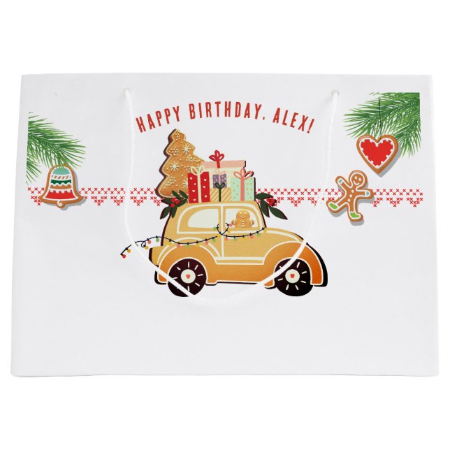 Sacola Para Presentes Grande Sweet Gingerbread Car Festive Christmas Birthday (Frente)