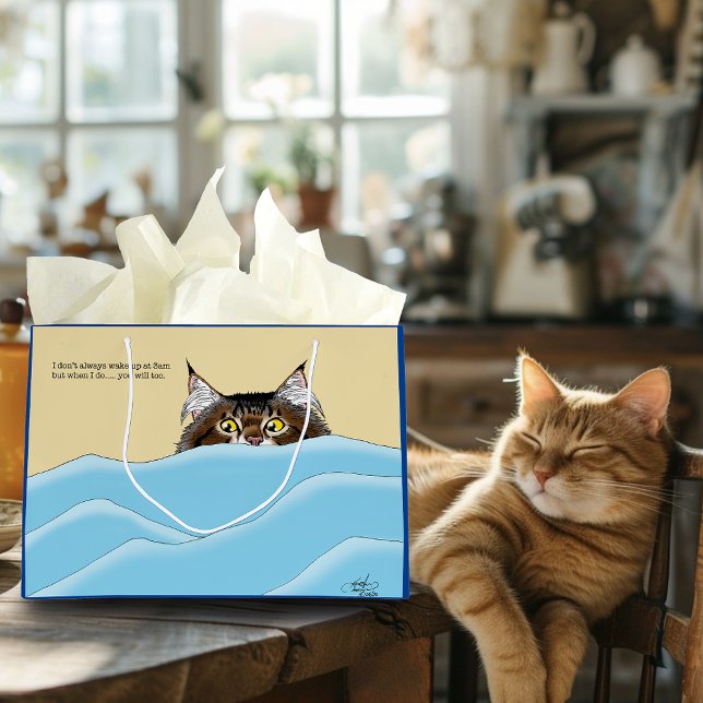 Sacola Para Presentes Grande Tabby Cat Peeking Blue Funny (Criador carregado)