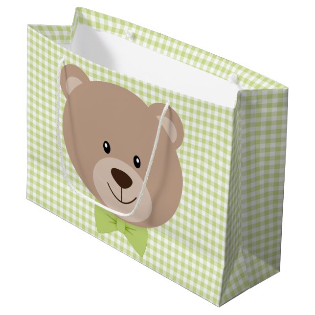 SACOLA PARA PRESENTES GRANDE TAN TEDDY BEAR COM ARCO VERDE TIE E XADREZ GINGHAM (Frente inclinada)