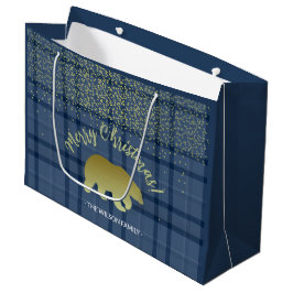Sacola Para Presentes Grande Tartan Azul Ocidental e Urso Dourado