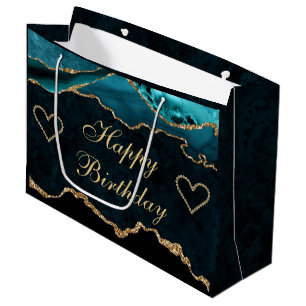 Sacola Para Presentes Grande Teal & Dourado Agate Glitter Feliz Aniversário