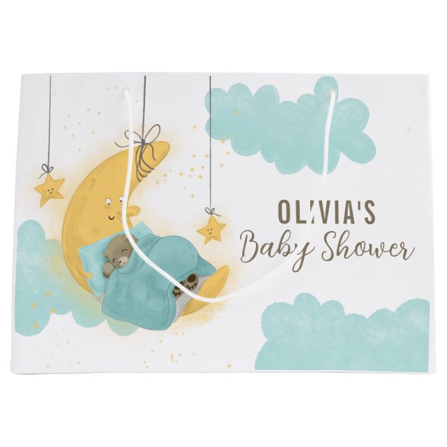 Sacola Para Presentes Grande Teddy Bear Moon Stars Boy Chá de fraldas (Frente)