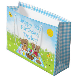 Sacola Para Presentes Grande Teddy Bears Picnic Blue Gingham Parabéns