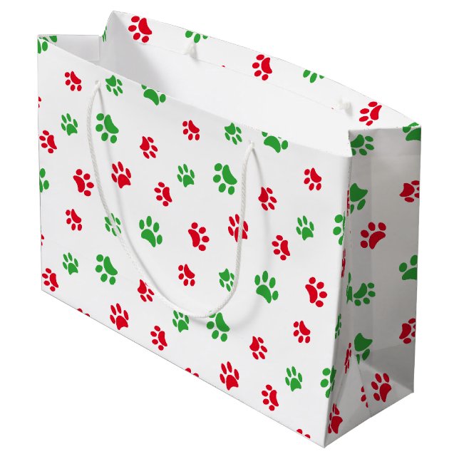 Sacola Para Presentes Grande Tema de Natal Padrão e Impressões de Paw Verde (Verso inclinado)